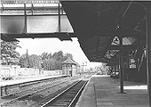 A panoramic view of station looking towards Birmingham with the signal box located in the centre of the two sets of tracks