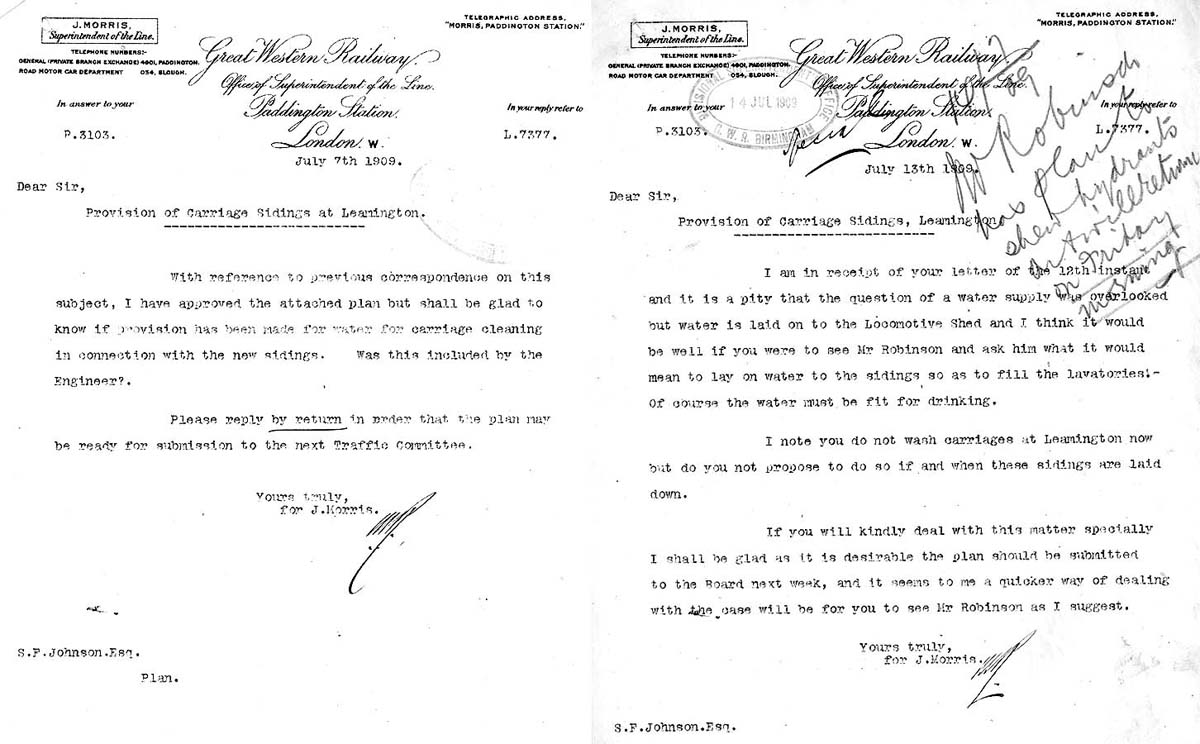 Two GWR internal letters from the Superintendent of the Line to Birmingham Division Superintendent about the provision of water in the carriage sidings at Leamington