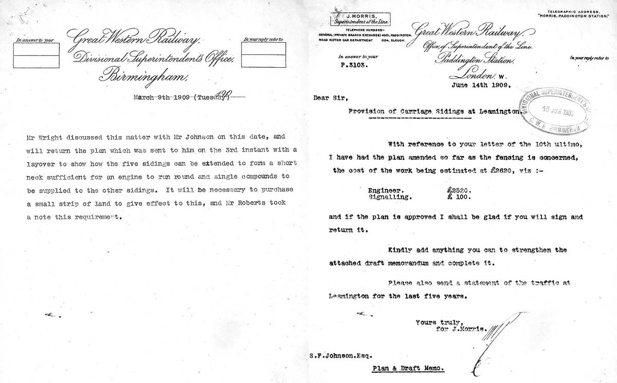 Two Great Western Railway internal letters about the proposed carriage sidings at Leamington