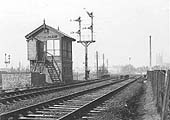 Looking towards Leamington along the L&NWR branch from Rugby with the L&NWR Signal Cabin on the left in 1958