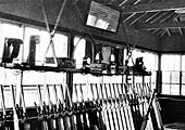 A post 1961 internal view of Leamington South Junction Signal Box showing a large number of white levers ((indicating spares) in the frame.