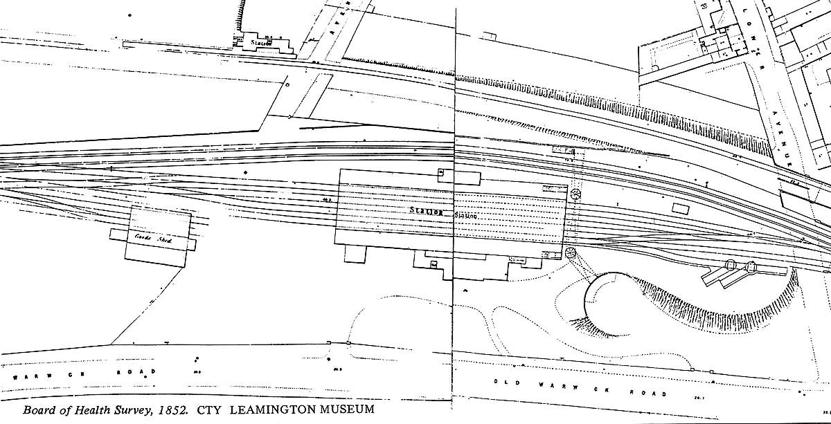 Map showing Leamington's GWR station, goods yard and shed with avoiding lines shortly after opening in 1852