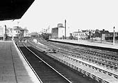 Looking south towards Banbury with Leamington South Signal Box in the middle distance circa 1952