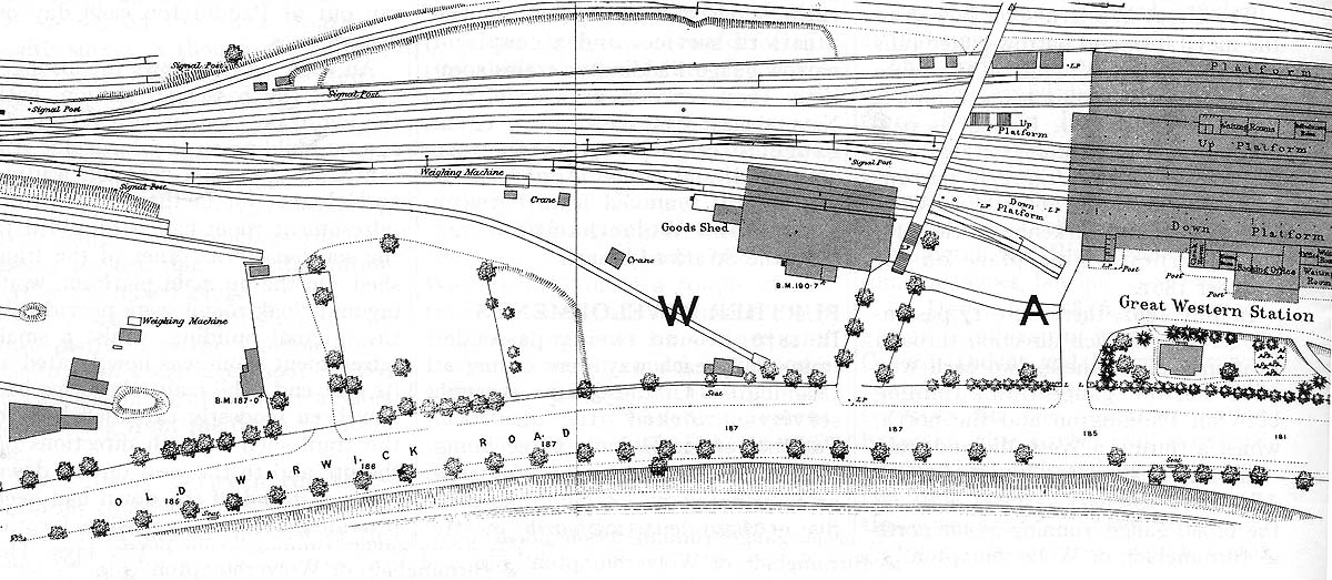 Part of the 1886 OS map showing the northern approach to Leamington's original station and goods yard