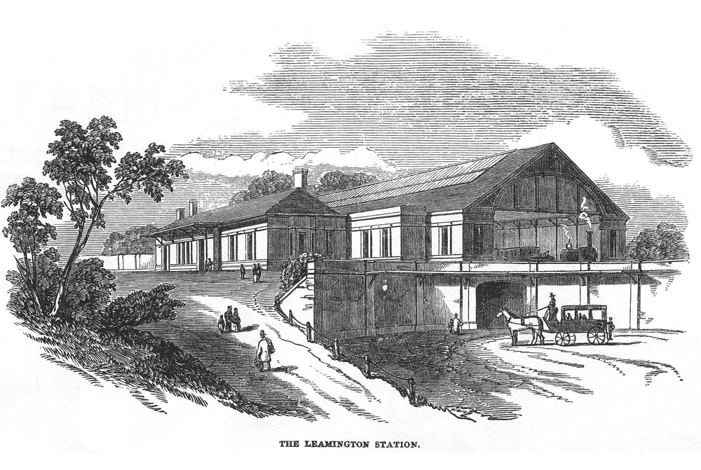 An artist's impression of Leamington station and station forecourt seen just after it opened in 1853