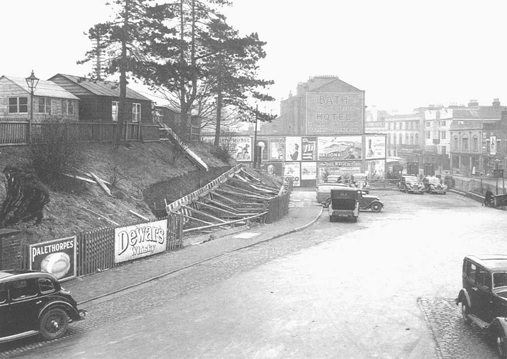 Looking east towards the High Street with the lower section of the forecourt being used as car parking for passengers