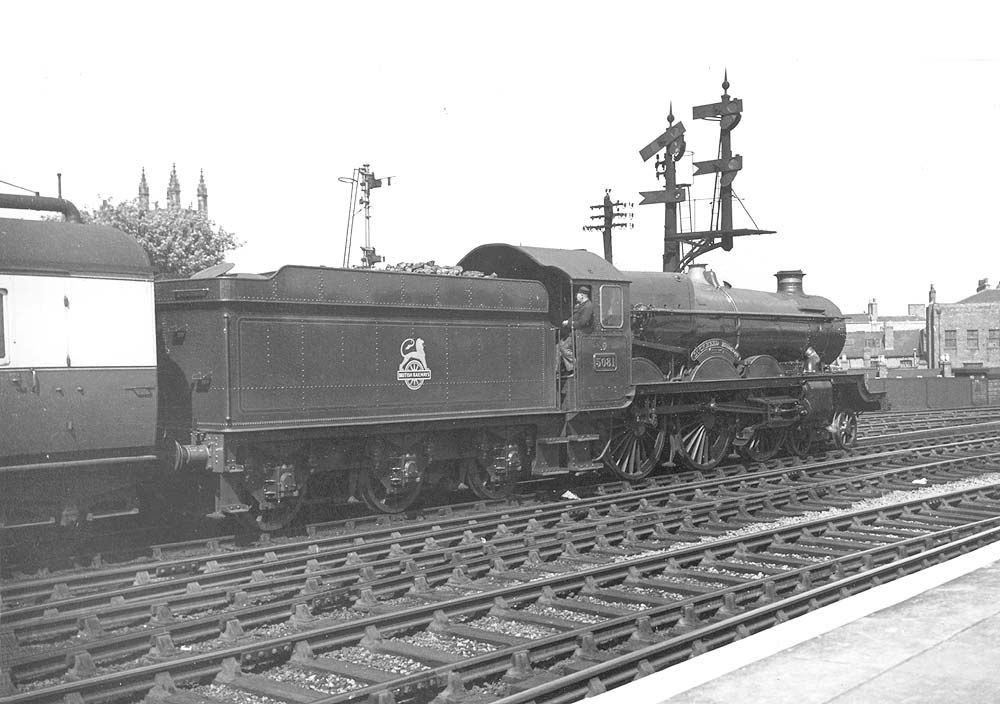 Ex-GWR 4-6-0 Castle class No 5081 'Lockheed Hudson', previously named 'Penrice Castle', is seen resting at the head of an up express
