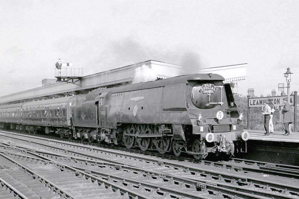SR 4-6-2 Battle of Britain class No 34051 'Winston Churchill' stands at the head of a down Stephenson Locomotive Society special