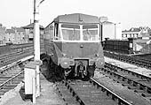 An unidentified ex-GWR Railcar is seen arriving wrong road at Leamington's up platform circa late 1950s
