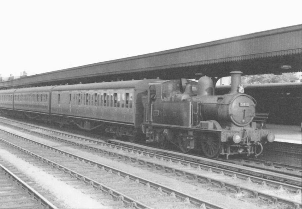 Ex-GWR 58xx Class 0-4-2T No 5813 arrives at Leamington with a local service from Stratford upon Avon