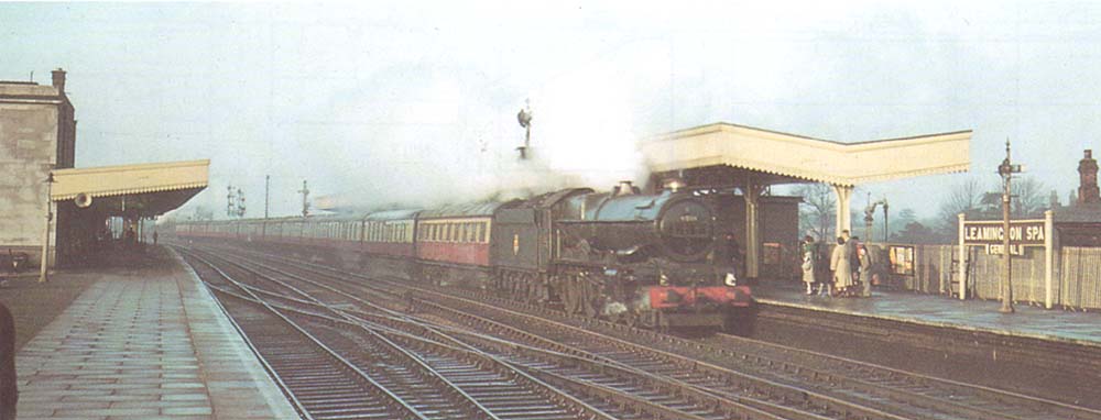 Ex-GWR 4-6-0 61xx Class No 6001 'King Edward VII' is seen arriving at Leamington at the head of an up service to Paddington