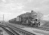 Ex-LMS 2-8-0 8F No 48458 passes Leamington Spa shed with a mineral train bound for South Wales on 11th April 1965