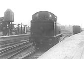 Unidentified GWR 2-6-2T '39xx' class locomotive runs bunker first into eastern end of Leamington station