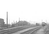 Panoramic view of Leamington shed and carriage sidings circa 1963 showing two locomotives being prepared