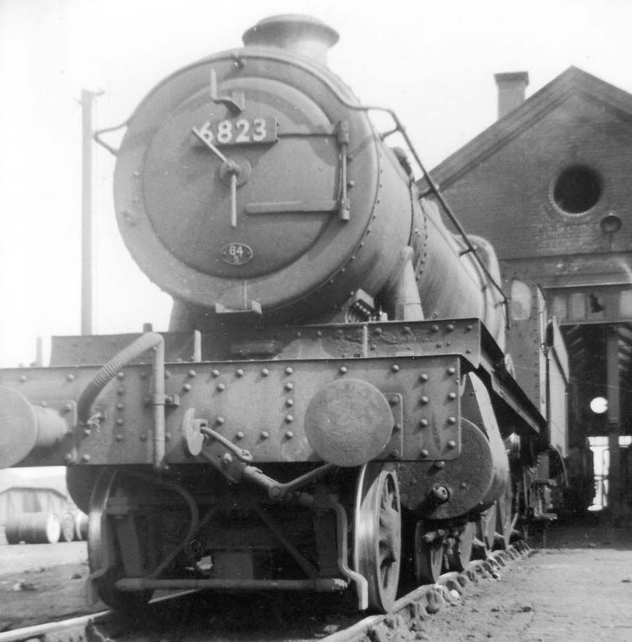 Ex-GWR 68xx Class 4-6-0 No 6823 'Oakley Grange' stands in front of Leamington Shed in August 1962