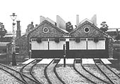 Close up showing the sixty-six feet wide four-road engine shed with lean-to offices built on the left hand side