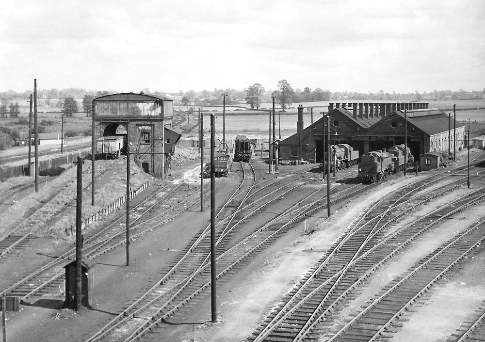 A general aerial view showing the coaling stage, ash roads, turntable and shed in May 1965