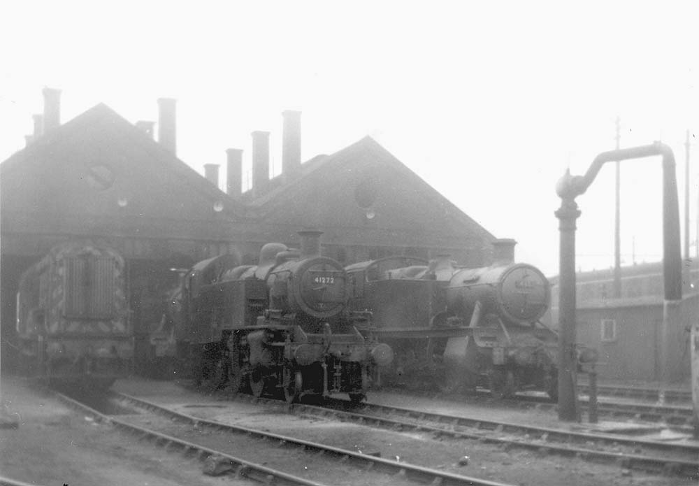 British Railways Class 08 0-6-0 Diesel Shunter D3974 stands alongside British Railways built Ivatt 2-6-2T No 41272 and ex-GWR 5101 Class 2-6-2T No 4151 at Leamington shed