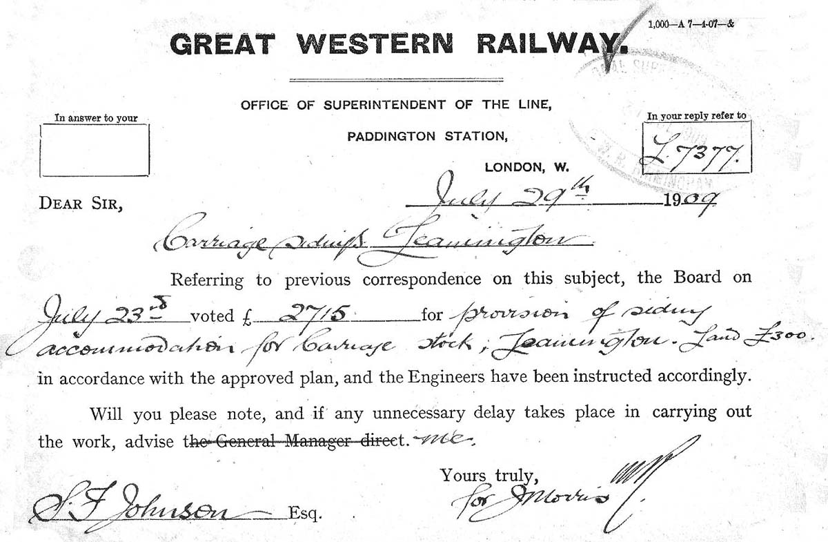 Letter to Mr SF Johnson confirming that the Board of Directors of the GWR had voted for the accommadation for carriage stock