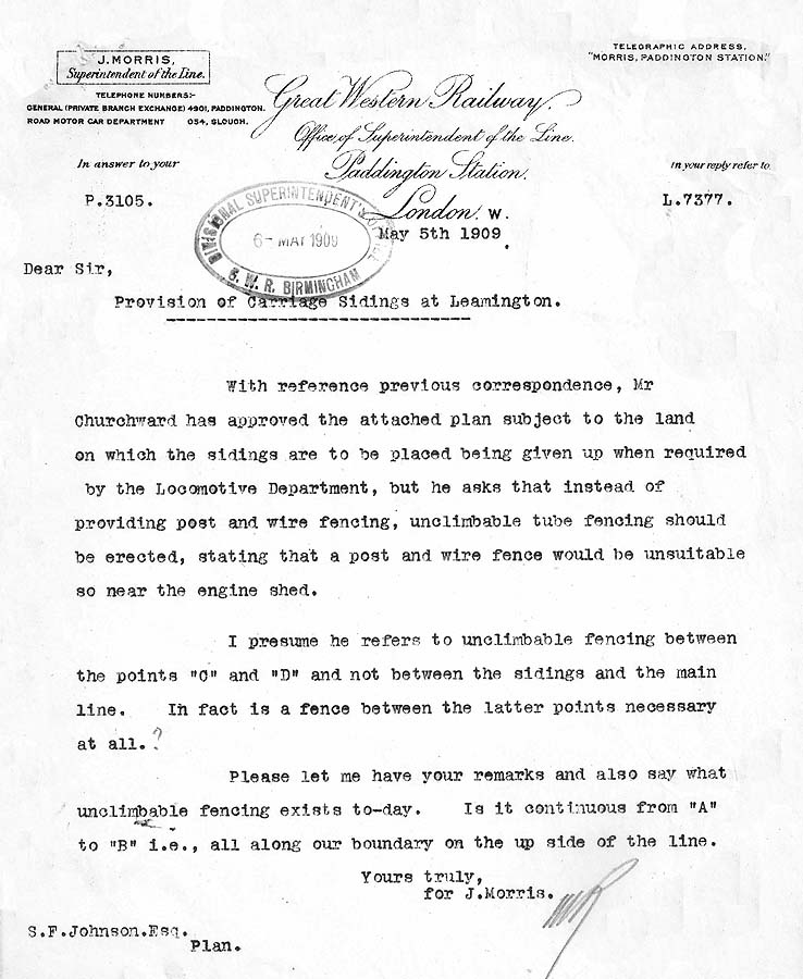 GWR letter to Mr SF Johnson confirming that the Mechanical Engineering Department were happy to release the land