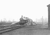 An unidentified GWR 2301 Class 0-6-0 locomotive is seen being turned on Leamington shed's turntable circa 1908