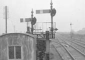 View of the signal bracket displaying Long Marston's down starting signal and siding signal