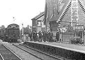 Close up showing another GWR 2-6-2T class 31xx locomotive entering the station with a four-coach local passenger service