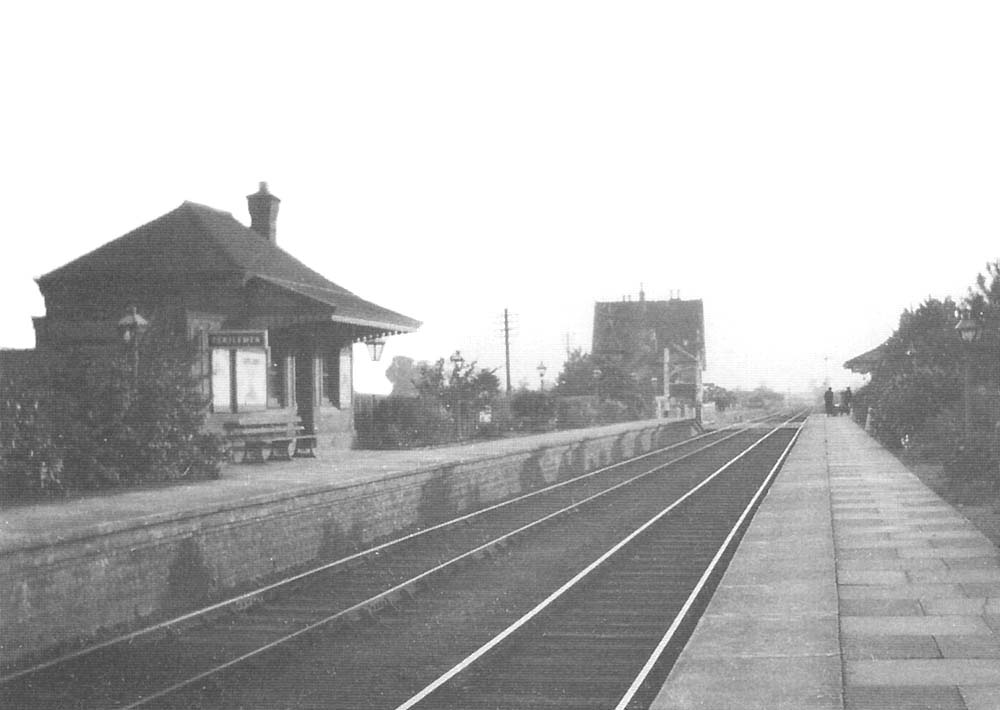 Looking south in 1924 along the up platform towards Honeybourne showing the down platform building in pristine condition