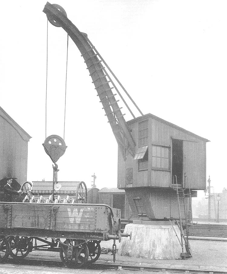 View of the 6 ton fixed jib crane with a radius of 15 feet and mounted on a concrete block and located in the upper level yard at Moor Street station