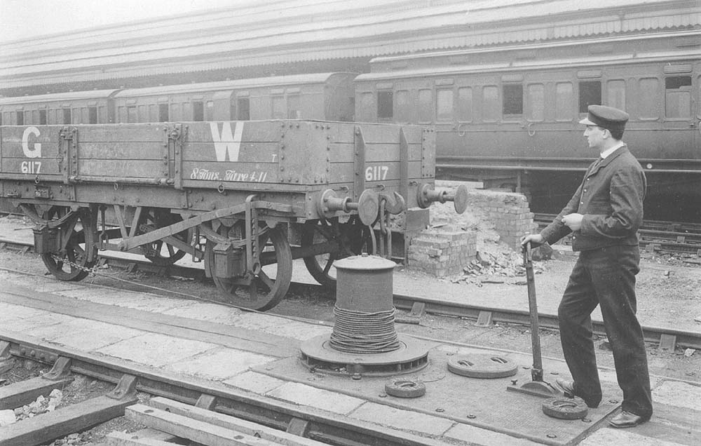 View of a demonstration showing how wagons are moved by using a combination of powered and dumb capstans in conjunction with wire ropes