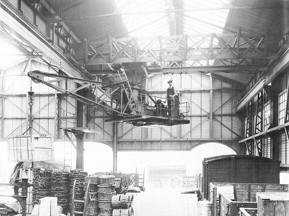 View of the travelling crane manufactured by Messrs Royce of Manchester which was designed to travel the 400 feet length of the upper level shed