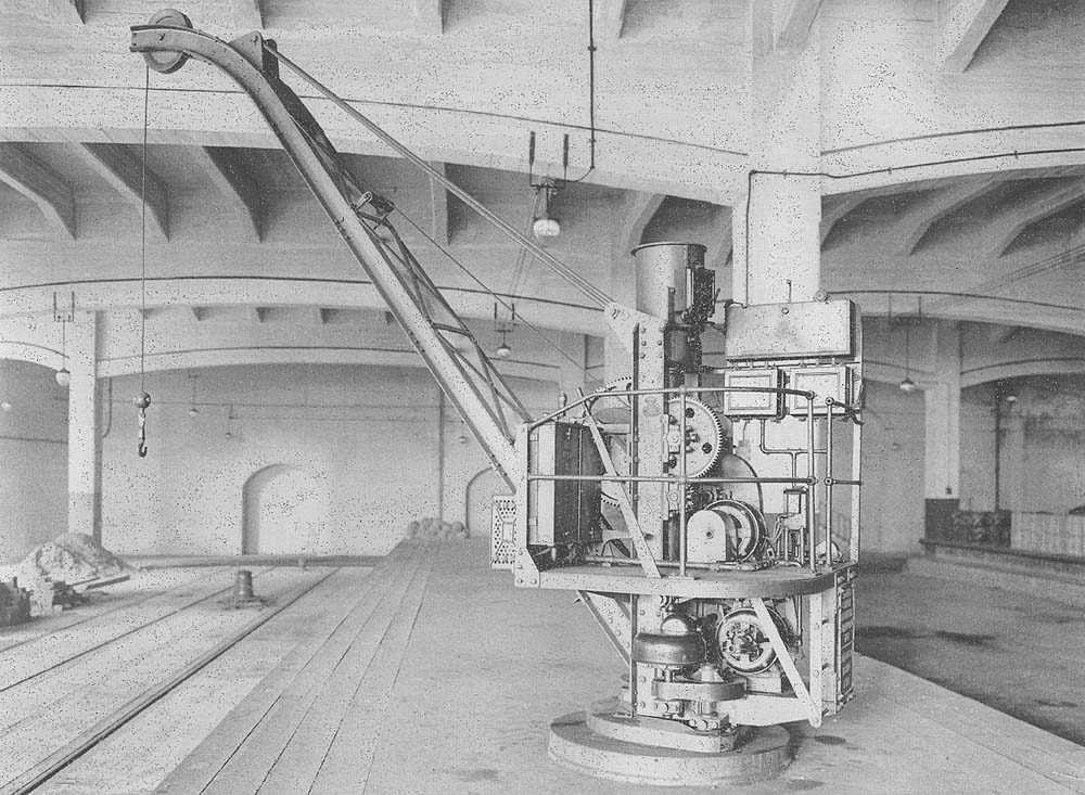 View of one of the two Messrs Stothert & Pitt one ton fixed cranes located in lower level shed 'B' for lifting goods from rail to road or vice versa
