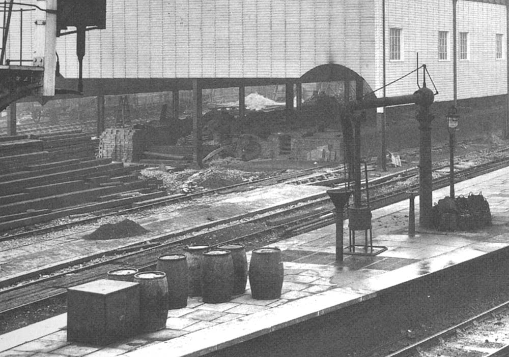 A close-up of the end of the island platform where a Great Western Railway standard water crane was available to replenish locomotives