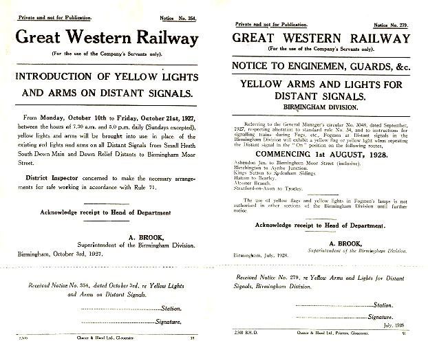 In 1927, the Great Western Railway changed the signal arms and coloured spectacle lens associated with Distant Signals in the Birmingham Area