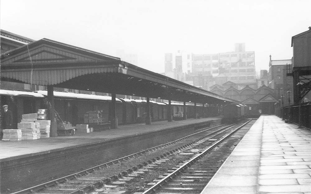View along one of Moor Street's platforms towards to the main terminus building with the 400 foot upper goods shed on the left