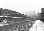 View along one of Moor Street's platforms towards to the main terminus building with the 400 foot upper goods shed on the left