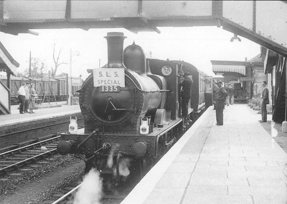 Ex-MSWJR 2-4-0 No 1335 is seen on a SLS Special Shipston Branch Tour on Saturday 31st August 1952