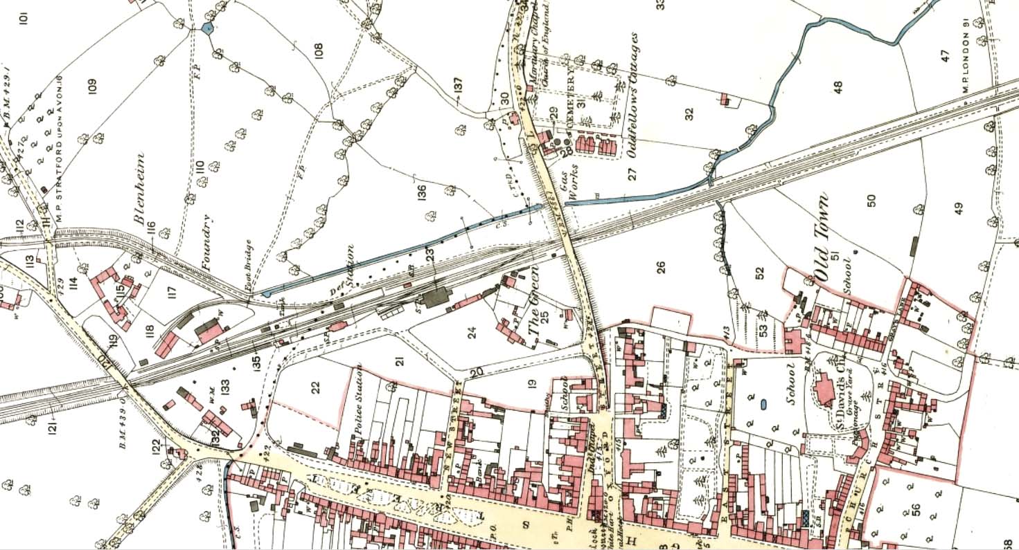 A large scale view of the 1884 OS map showing Moreton-in-Marsh station and it's three approach roads