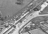 Close up showing the main station building, the exchange sidings, the cattle pens and the goods shed