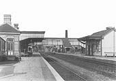 Looking from the down platform towards Worcester with the main station building on the left and the passenger footbridge in the distance