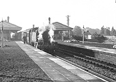 Ex-Great Western Railway 2-6-2T 5101 class No 5192 arrives at the Down Main platform of Olton Station on Monday 17th  August 1959