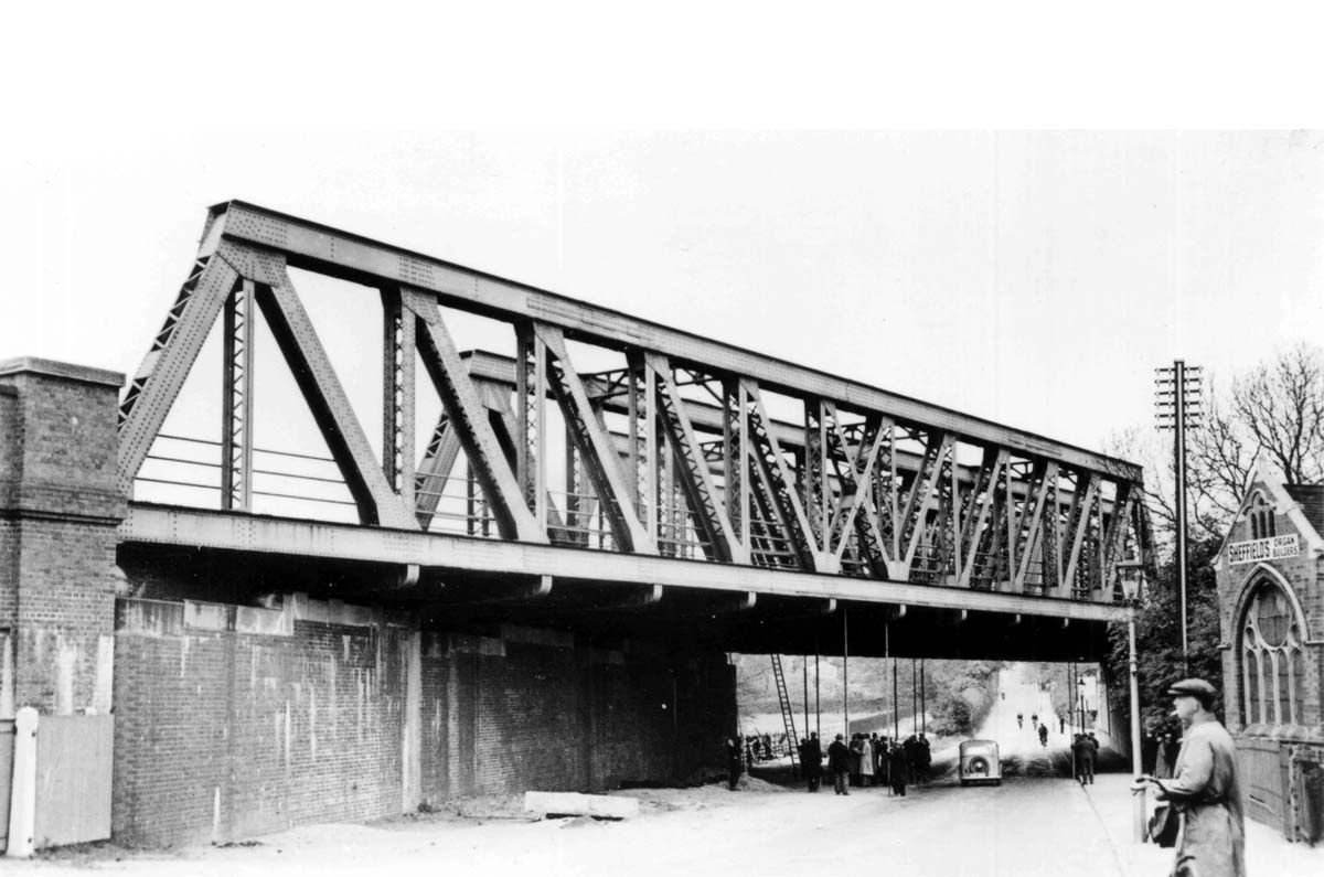 View of the newly constructed lattice girder bridge over the Warwick Road, Solihull, just south of Olton station