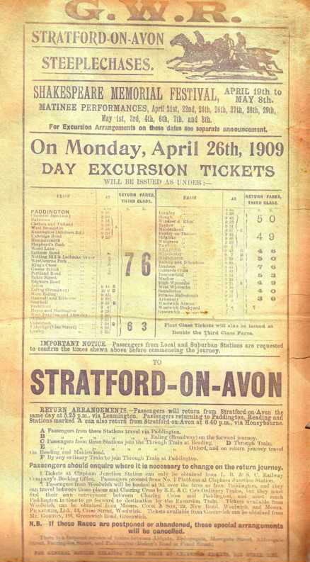 A GWR Public Notice providing information on timings and fares to visit the theatre and racing at Stratford on Avon