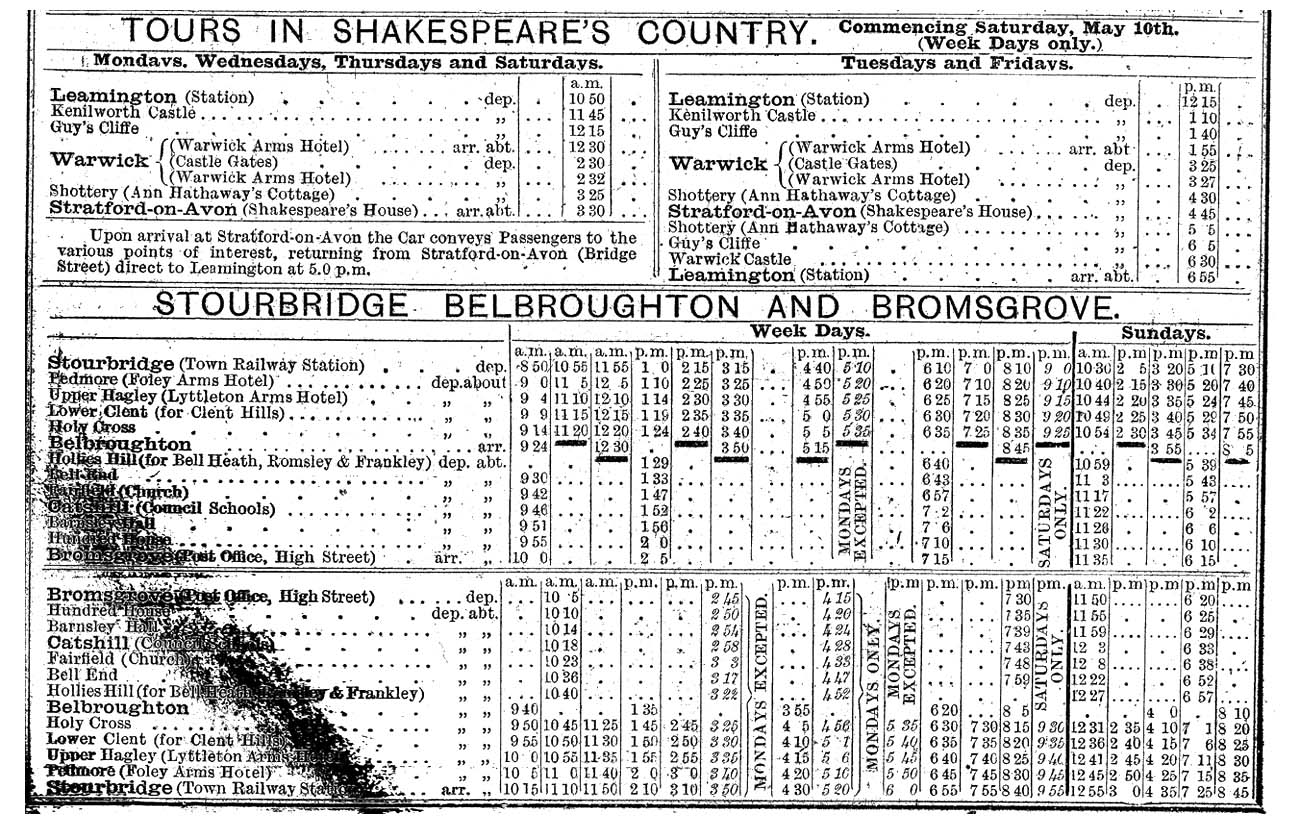 An extract from the Great Western Railway Timetable showing times from Leamington station for the summer of 1913