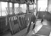 Another internal view of operating floor of Queens Head Signal Box showing the centre and right of the frame