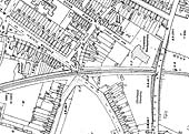 A 1913 Ordnance Survey map showing the layout and juxtaposition of Evesham Road Crossing and Sanctus Street