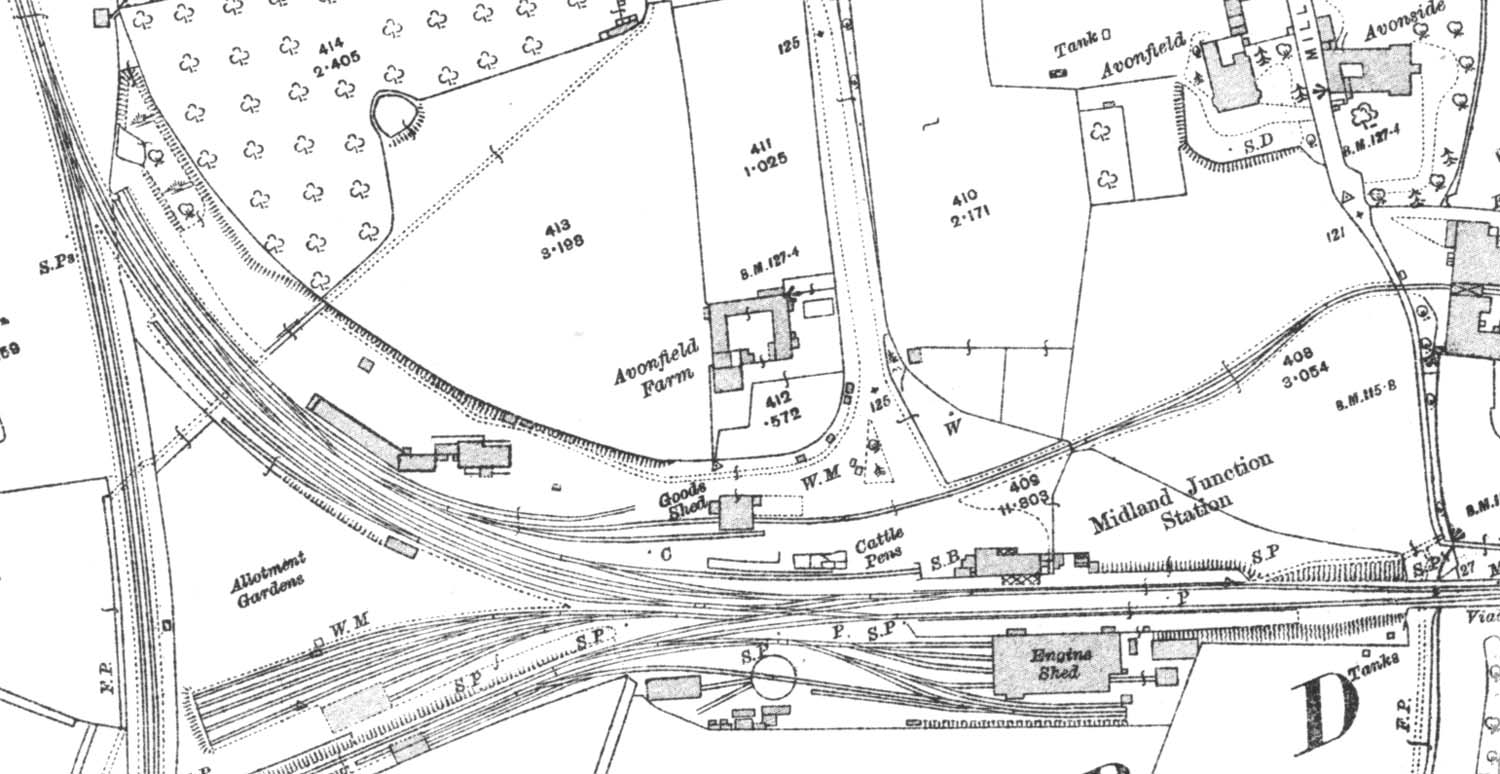 A 1913 Ordnance Survey map showing the junction and connecting line from Sanctus Road to the East & West Junction station