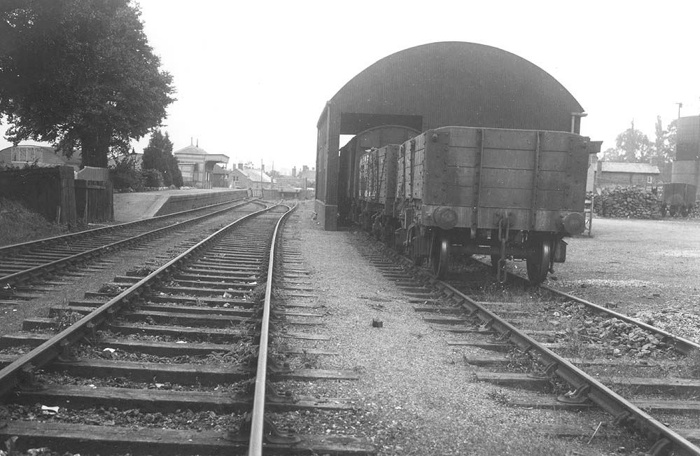 A 1930s view of the station looking towards the buffer stops with the single platform terminus on the left and the goods shed on the right