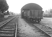 A 1930s view of the station looking towards the buffer stops with the single platform terminus on the left and the goods shed on the right