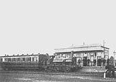 View of the station from the goods yard prior to the loading dock being built in 1914 and showing a GWR 0-6-0ST at the head of a one-coach train